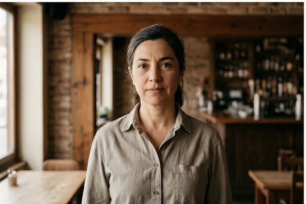 Retrato de una persona del equipo de Sushi Nami, de pie en su local.